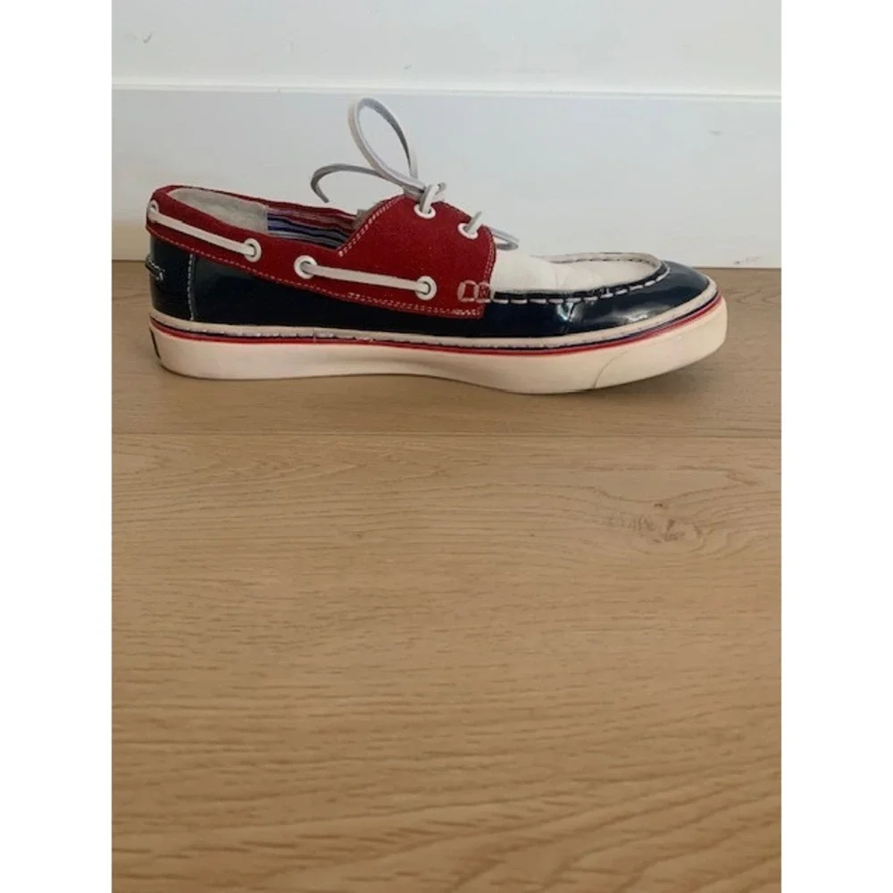 Gucci Mens Boat Shoes 232417 Red White Navy Patent Leather Suede Deck Shoes 9.5